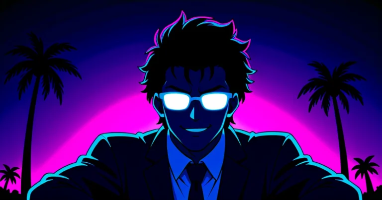O Chefe em silhueta executiva com óculos brilhantes sob pôr do sol neon de Vice City