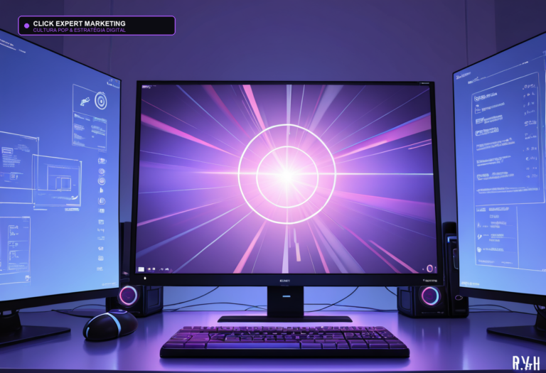 Setup gamer com monitores em luz roxa, ilustrando a cultura pop no marketing digital
