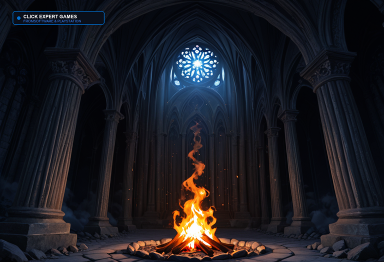 Fogueira acesa em uma catedral gótica, no estilo dos jogos da FromSoftware