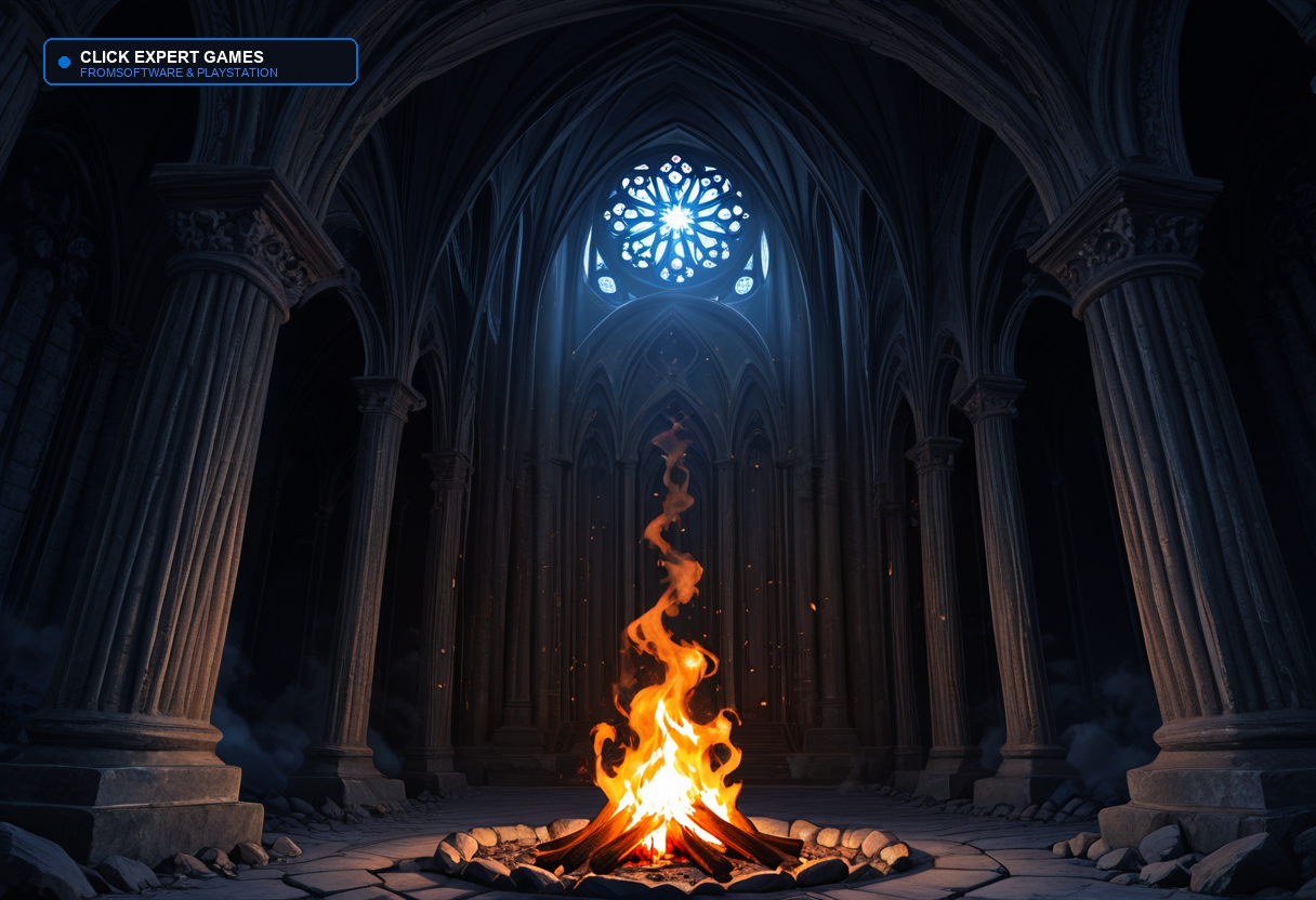 Fogueira acesa em uma catedral gótica, no estilo dos jogos da FromSoftware