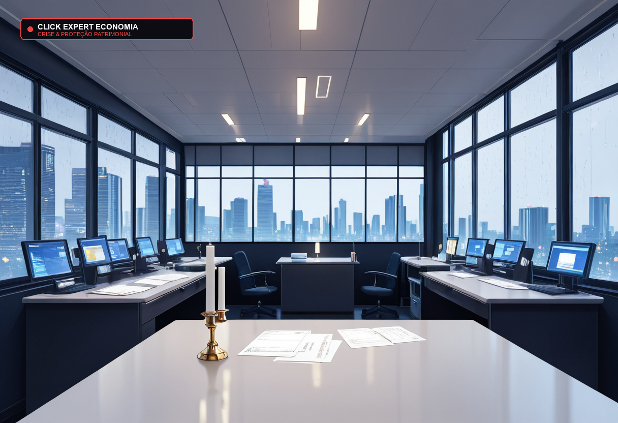 Escritório corporativo vazio com vista para a cidade, simbolizando a crise econômica
