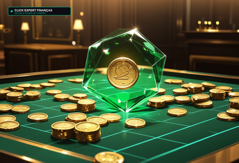 Moedas douradas sobre mesa verde ao lado de um cristal verde, simbolizando o peso do dólar alto