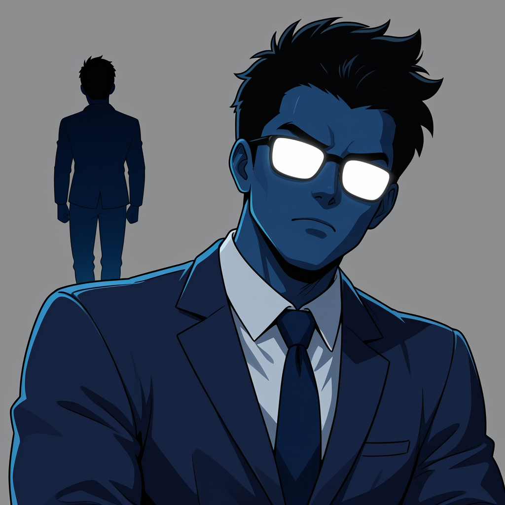 O Chefe do Click Expert de terno azul-marinho com postura analítica