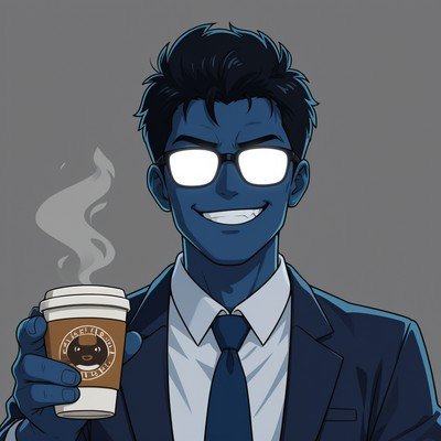 O Chefe do Click Expert de terno azul-marinho escuro tomando café enquanto analisa contratações online