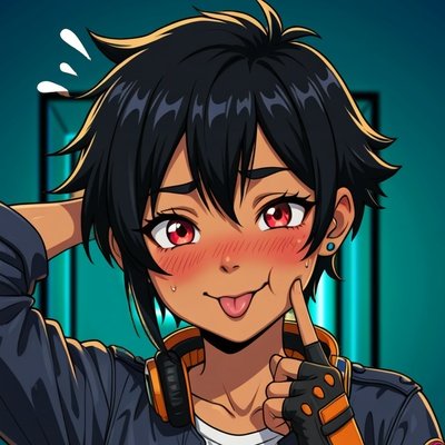 Clicker-chan em escritorio digital de tecnologia piscando e mostrando a lingua de maneira boba estilo tehepero apos tropecar
