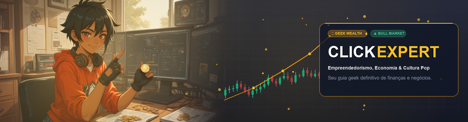 Banner do Click Expert com a Clicker-chan e o Chefe, o blog Geekmoney de finanças e cultura pop