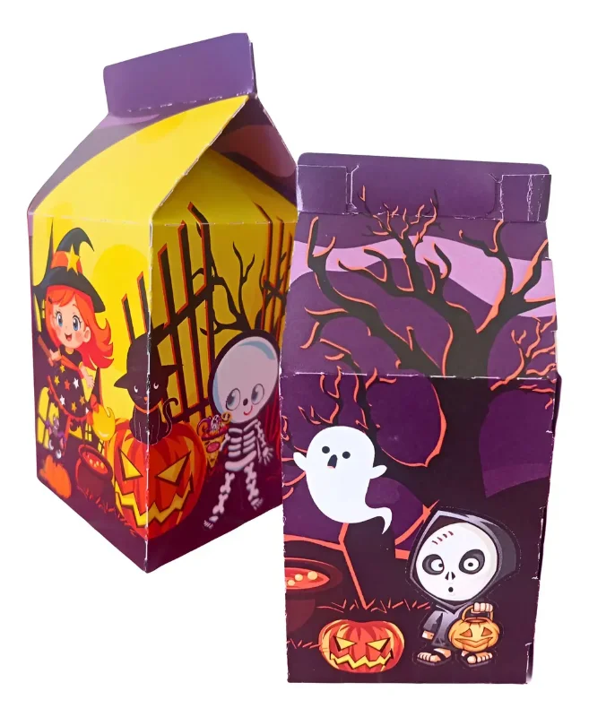 Caixas milk de Halloween com estampa roxa e amarela para lembrancinha de festa