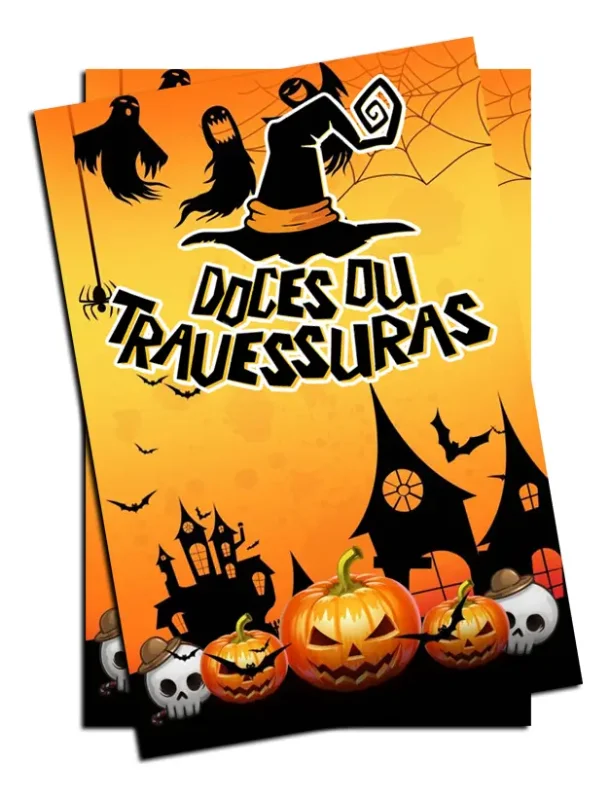Cards impressos com a frase Doces ou Travessuras para kits de lembrancinha de Halloween