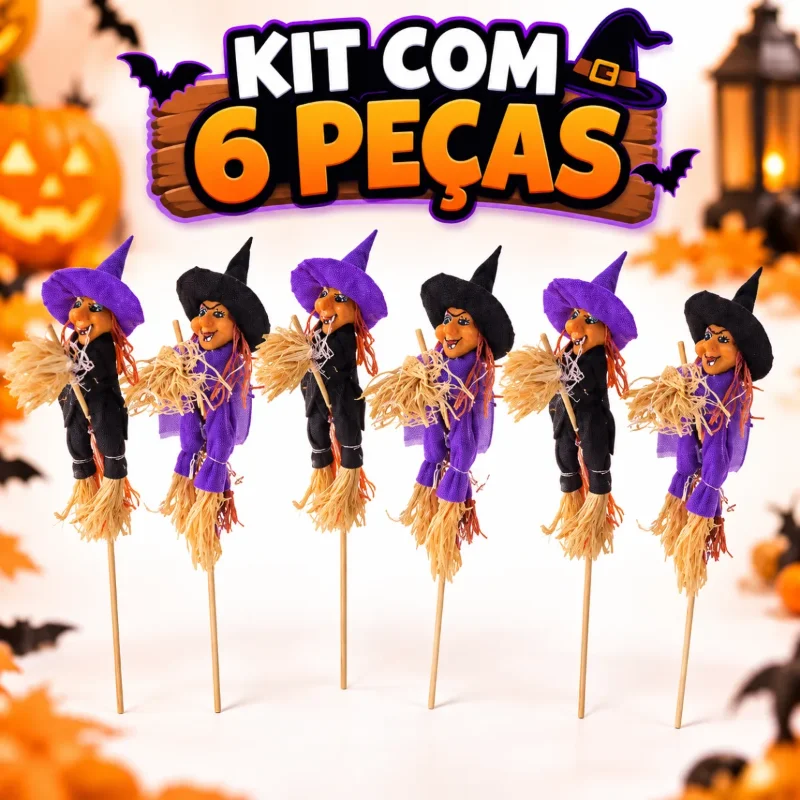 Kit com 6 espetos decorativos de bruxa para enfeitar mesa de doces de Halloween