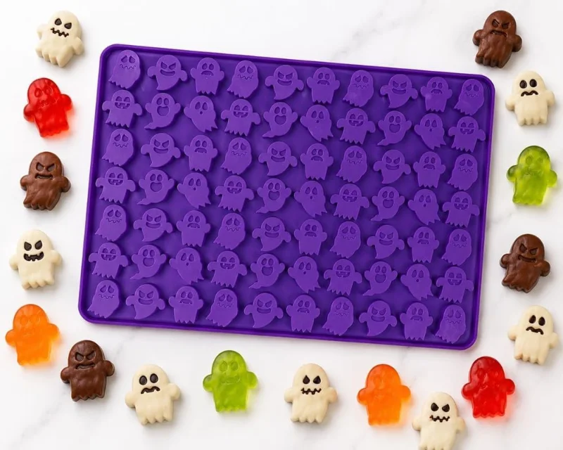 Forma de silicone com 70 cavidades de fantasminha para bala de gelatina e chocolate em doces de Halloween para festas