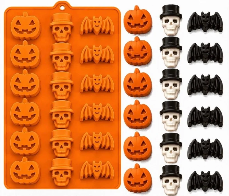 Forma de silicone para doces de Halloween com 18 cavidades de abóbora, caveira e morcego para brigadeiro e chocolate