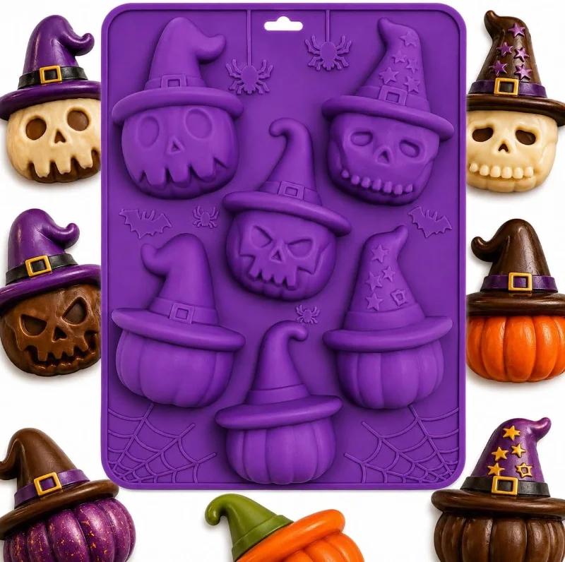 Forma de silicone 3D frente e verso com 6 cavidades para chocolates e doces de Halloween com acabamento de confeitaria