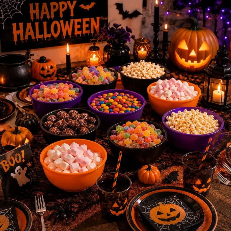 Kit com 10 bowls de Halloween de 800 ml nas cores preto, laranja e roxo para servir doces na mesa da festa