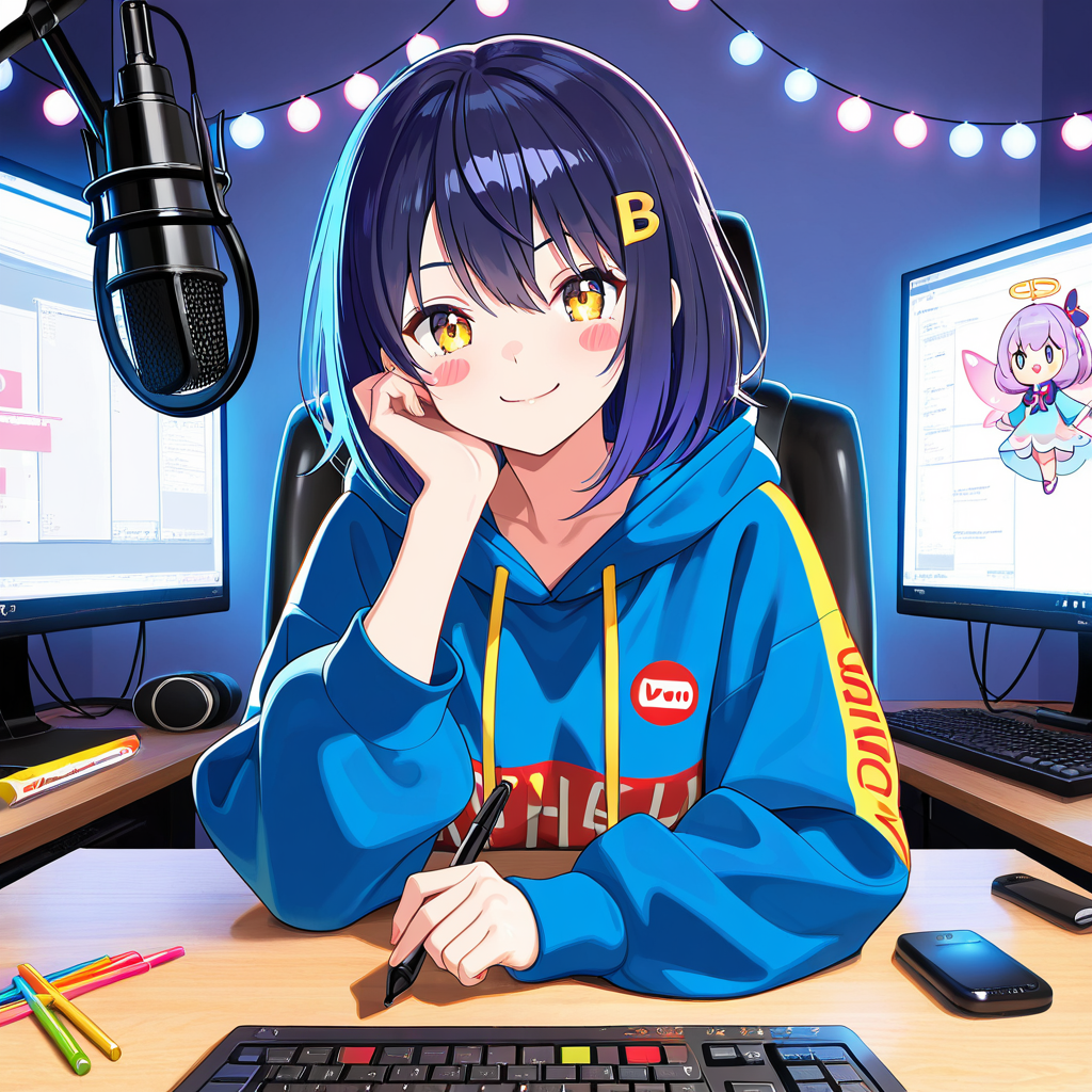 Criadora de conteúdo Vtuber em sua mesa de streaming e ilustração digital