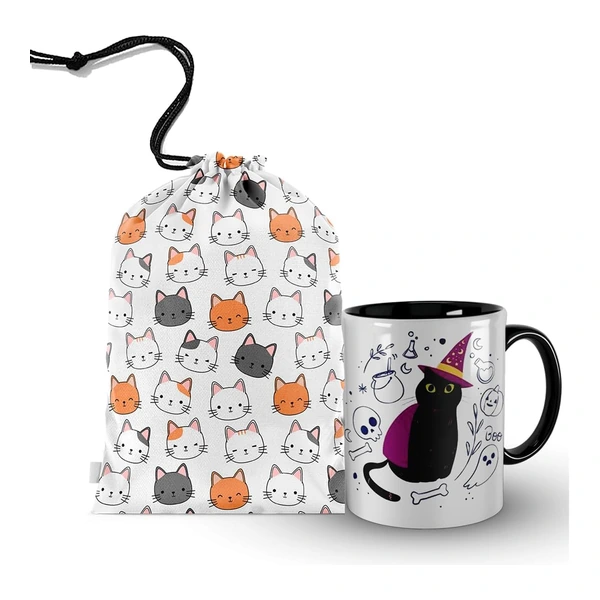 Caneca Cerâmica Gato Bruxa Interior Preto com Bolsa de Transporte